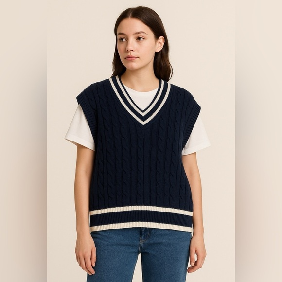 OAK + FORT Sweaters - OAK + FORT Oversized Boxy Cableknit Academia V-Neck Sleeveless Sweater Vest